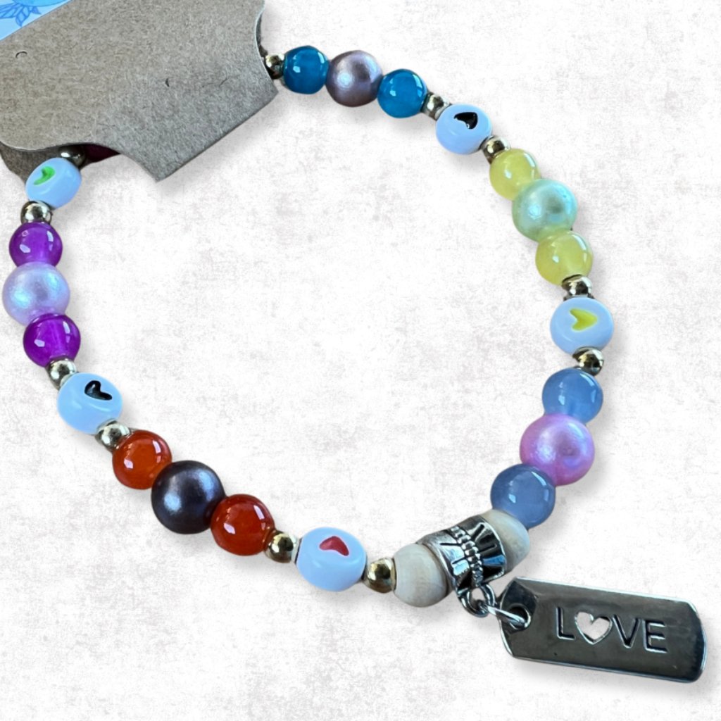 Multicolored Glass Beaded Stretchy Bracelet With Silver Accents And Love Charm